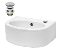ECD Germany Lavabo à Poser de Salle de Bain, 335x255x130 mm, Trou de Robinet à Droite, avec Vanne de Vidange en Laiton Chromé, Vasque en Céramique Blanc Arrondie, Évier sur Meuble Plan de Toilette