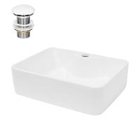 ECD Germany Lavabo Carré en Céramique, 480x380x140 mm, Blanc, avec Garniture de Vidage 1 1/4, pour Lavabo sans Trop-Plein, Vasque à Poser, Évier Moderne, Lave-Mains, Cuvette Salle de Bains Toilettes
