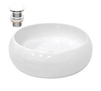 ECD Germany Lavabo en Céramique Blanc Ø 350x120 mm avec Garniture de Vidage 1 1/4" Universelle sans Trop-Plein, Design Ronde, Vasque à Poser Moderne, Évier Lave-Mains pour Salle de Bain et Toilettes