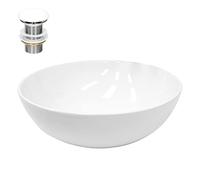 ECD Germany Lavabo en Céramique Blanc Ø 400x147 mm avec Garniture de Vidage 1 1/4" Universelle sans Trop-Plein, Design Ronde, Vasque à Poser Moderne, Évier Lave-Mains pour Salle de Bain et Toilettes
