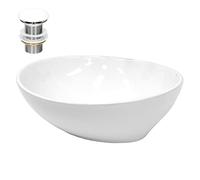 ECD Germany Lavabo en Céramique Blanc 410x330x142 mm avec Garniture de Vidage 1 1/4" Universelle sans Trop-Plein, Design Ovale, Vasque à Poser Moderne, Évier Lave-Mains pour Salle de Bain et Toilette