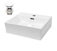 ECD Germany Lavabo en Céramique Blanc 415x360x130 mm avec Garniture de Vidage 1 1/4" Universelle et Trop-Plein, Design Rectangle, Vasque à Poser Moderne, Évier Lave-Mains pour Salle de Bain Toilettes