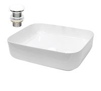 ECD Germany Lavabo en Céramique Blanc 505x395x135 mm avec Garniture de Vidage 1 1/4" Universelle sans Trop-Plein, Design Carré, Vasque à Poser Moderne, Évier Lave-Mains pour Salle de Bain et Toilette
