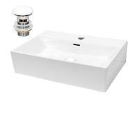 ECD Germany Lavabo en Céramique Blanc 515x360x130 mm avec Garniture de Vidage 1 1/4" Universelle et Trop-Plein, Design Rectangle, Vasque à Poser Moderne, Évier Lave-Mains pour Salle de Bain Toilettes