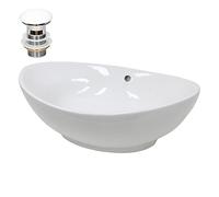 ECD Germany Lavabo en Céramique Blanc 590x390x200 mm avec Garniture de Vidage 1 1/4" Universelle et Trop-Plein, Design Ovale, Vasque à Poser Moderne, Évier Lave-Mains pour Salle de Bain et Toilettes