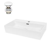 ECD Germany Lavabo en Céramique Blanc 605x365x130 mm avec Garniture de Vidage 1 1/4" Universelle et Trop-Plein, Design Angulaire, Vasque à Poser Moderne, Évier Lave-Mains pour Salle de Bain Toilettes