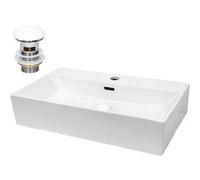 ECD Germany Lavabo en Céramique Blanc 605x365x130 mm avec Garniture de Vidage 1 1/4" Universelle et Trop-Plein, Design Angulaire, Vasque à Poser Moderne, Évier Lave-Mains pour Salle de Bain Toilettes 