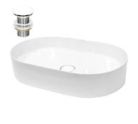 ECD Germany Lavabo en Céramique Blanc 605x380x125 mm avec Garniture de Vidage 1 1/4" Universelle sans Trop-Plein, Design Ovale, Vasque à Poser Moderne, Évier Lave-Mains pour Salle de Bain et Toilette