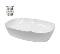 ECD Germany Lavabo en Céramique Blanc 605x380x140 mm avec Garniture de Vidage 1 1/4" Universelle sans Trop-Plein, Design Ovale, Vasque à Poser Moderne, Évier Lave-Mains pour Salle de Bain et Toilettes