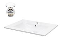 ECD Germany Lavabo en Céramique Blanc 610x465x175 mm avec Garniture de Vidage 1 1/4" Universel et Trop-Plein, Vasque Encastré, Design Élégant Moderne, Évier Lave-Mains pour Salle de Bain et Toilettes