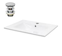 ECD Germany Lavabo en Céramique Blanc 610x465x175 mm avec Garniture de Vidage 1 1/4" Universel et Trop-Plein, Vasque Encastré, Design Élégant Moderne, Évier Lave-Mains pour Salle de Bain et Toilettes