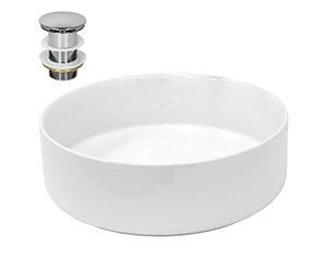 ECD Germany Lavabo Salle de Bain - Ø 355 x 120 mm - en Céramique - Ronde - Blanc - Lave-Mains Évier - Lavabo Vasque à Poser sur Meuble - Design Moderne - avec Kit de Vidange sans Trop-Plein