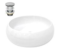 ECD Germany Lavabo Salle de Bain - Ø 400 x 350 mm - en Céramique - Rond - Blanc - Vasque à Poser sur Meuble - Lave-Mains de Comptoir Évier - avec Kit de Vidange sans Trop-Plein - Design Moderne