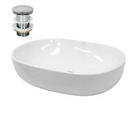 ECD Germany Lavabo Salle de Bain - 600 x 420 mm - en Céramique - Ovale - Blanc - Lave-Mains Évier - Lavabo Vasque à Poser sur Meuble - Design Moderne - avec Kit de Vidange sans Trop-Plein