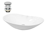 ECD Germany Lavabo Salle de Bain - 640x365x130 mm - en Céramique - Ovale - Blanc - Lave-Mains Évier - Lavabo Vasque à Poser sur Meuble - Design Moderne - avec Kit de Vidange sans Trop-Plein