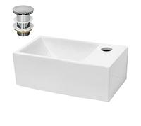 ECD Germany Lavabo Vasque en Céramique Blanc 350x205x125 mm Rectangulaire, Bonde Incluse en Laiton Chromé, Trou pour Robinet à Droite, Mini Lave-Mains Angulaire à Poser de Salle de Bain Toilette