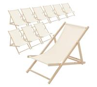 ECD Germany Lot de 10 Chaises Longues Pliantes en Bois Chiliennes, Beige, Dossier Réglable, 3 Positions de Couchage, jusqu'à 120kg, Bain de Soleil en Tissu pour la Plage Jardin Terrasse Camping