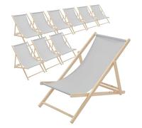 ECD Germany Lot de 10 Chaises Longues Pliantes en Bois Chiliennes, Gris Clair, Dossier Réglable, 3 Positions de Couchage, jusqu'à 120kg, Bain de Soleil en Tissu pour la Plage Jardin Terrasse Camping