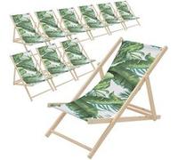 ECD Germany Lot de 10 Chaises Longues Pliantes en Bois Chiliennes, Motif Tropical, Vert-Blanc, Dossier Réglable, 3 Positions de Couchage, jusqu'à 120 kg, Bain de Soleil en Tissu, Plage ou Jardin
