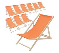 ECD Germany Lot de 10 Chaises Longues Pliantes en Bois Chiliennes, Orange, Dossier Réglable, 3 Positions de Couchage, jusqu'à 120kg, Bain de Soleil en Tissu pour la Plage Jardin Terrasse Camping