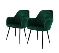 ECD Germany Lot de 2 Chaises de Salle à Manger - Vert Foncé - Style Rétro - Assise Rembourrée Aspect Velours - Pieds en Métal Noir - avec Dossier et Accoudoirs - Fauteuil Moderne Salon Bureau Chambre