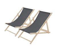 ECD Germany Lot de 2 Chaises Longues Pliantes en Bois Chiliennes, Anthracite, Dossier Réglable, 3 Positions de Couchage, jusqu'à 120kg, Bain de Soleil en Tissu pour la Plage Jardin Terrasse Camping