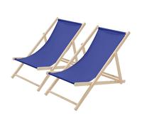 ECD Germany Lot de 2 Chaises Longues Pliantes en Bois Chiliennes, Bleu Foncé, Dossier Réglable, 3 Positions de Couchage, jusqu'à 120kg, Bain de Soleil en Tissu pour la Plage Jardin Terrasse Camping