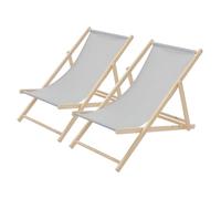 ECD Germany Lot de 2 Chaises Longues Pliantes en Bois Chiliennes, Gris Clair, Dossier Réglable, 3 Positions de Couchage, jusqu'à 120kg, Bain de Soleil en Tissu pour la Plage Jardin Terrasse Camping