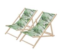 ECD Germany Lot de 2 Chaises Longues Pliantes en Bois Chiliennes, Motif Palmier, Vert-Blanc, Dossier Réglable, 3 Positions de Couchage, jusqu'à 120 kg, Bain de Soleil en Tissu, Plage ou Jardin