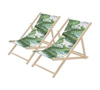 ECD Germany Lot de 2 Chaises Longues Pliantes en Bois Chiliennes, Motif Tropical, Vert-Blanc, Dossier Réglable, 3 Positions de Couchage, jusqu'à 120 kg, Bain de Soleil en Tissu, Plage ou Jardin