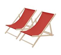 ECD Germany Lot de 2 Chaises Longues Pliantes en Bois Chiliennes, Rouge, Dossier Réglable, 3 Positions de Couchage, jusqu'à 120kg, Bain de Soleil en Tissu pour la Plage Jardin Terrasse Camping