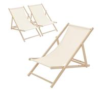 ECD Germany Lot de 3 Chaises Longues Pliantes en Bois Chiliennes, Beige, Dossier Réglable, 3 Positions de Couchage, jusqu'à 120kg, Bain de Soleil en Tissu pour la Plage Jardin Terrasse Camping