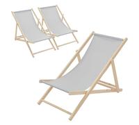 ECD Germany Lot de 3 Chaises Longues Pliantes en Bois Chiliennes, Gris Clair, Dossier Réglable, 3 Positions de Couchage, jusqu'à 120kg, Bain de Soleil en Tissu pour la Plage Jardin Terrasse Camping
