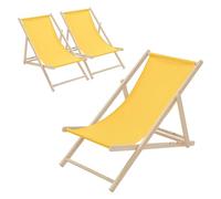 ECD Germany Lot de 3 Chaises Longues Pliantes en Bois Chiliennes, Jaune, Dossier Réglable, 3 Positions de Couchage, jusqu'à 120kg, Bain de Soleil en Tissu pour la Plage Jardin Terrasse Camping