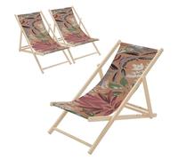 ECD Germany Lot de 3 Chaises Longues Pliantes en Bois Chiliennes, Motif Floral, Marron-Rouge-Vert, Dossier Réglable, 3 Positions de Couchage, jusqu'à 120 kg, Bain de Soleil en Tissu, Plage ou Jardin