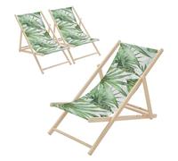 ECD Germany Lot de 3 Chaises Longues Pliantes en Bois Chiliennes, Motif Palmier, Vert-Blanc, Dossier Réglable, 3 Positions de Couchage, jusqu'à 120 kg, Bain de Soleil en Tissu, Plage ou Jardin