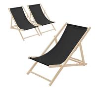 ECD Germany Lot de 3 Chaises Longues Pliantes en Bois Chiliennes, Noir, Dossier Réglable, 3 Positions de Couchage, jusqu'à 120kg, Bain de Soleil en Tissu pour la Plage Jardin Terrasse Camping