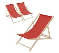 ECD Germany Lot de 3 Chaises Longues Pliantes en Bois Chiliennes, Rouge, Dossier Réglable, 3 Positions de Couchage, jusqu'à 120kg, Bain de Soleil en Tissu pour la Plage Jardin Terrasse Camping
