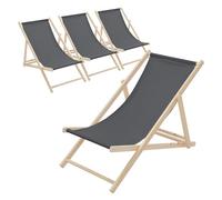 ECD Germany Lot de 4 Chaises Longues Pliantes en Bois Chiliennes, Anthracite, Dossier Réglable, 3 Positions de Couchage, jusqu'à 120kg, Bain de Soleil en Tissu pour la Plage Jardin Terrasse Camping