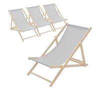 ECD Germany Lot de 4 Chaises Longues Pliantes en Bois Chiliennes, Gris Clair, Dossier Réglable, 3 Positions de Couchage, jusqu'à 120kg, Bain de Soleil en Tissu pour la Plage Jardin Terrasse Camping