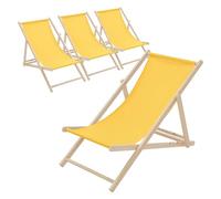 ECD Germany Lot de 4 Chaises Longues Pliantes en Bois Chiliennes, Jaune, Dossier Réglable, 3 Positions de Couchage, jusqu'à 120kg, Bain de Soleil en Tissu pour la Plage Jardin Terrasse Camping
