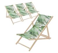 ECD Germany Lot de 4 Chaises Longues Pliantes en Bois Chiliennes, Motif Palmier, Vert-Blanc, Dossier Réglable, 3 Positions de Couchage, jusqu'à 120 kg, Bain de Soleil en Tissu, Plage ou Jardin