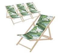 ECD Germany Lot de 4 Chaises Longues Pliantes en Bois Chiliennes, Motif Tropical, Vert-Blanc, Dossier Réglable, 3 Positions de Couchage, jusqu'à 120 kg, Bain de Soleil en Tissu, Plage ou Jardin