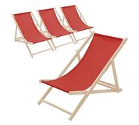 ECD Germany Lot de 4 Chaises Longues Pliantes en Bois Chiliennes, Rouge, Dossier Réglable, 3 Positions de Couchage, jusqu'à 120kg, Bain de Soleil en Tissu pour la Plage Jardin Terrasse Camping
