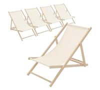 ECD Germany Lot de 5 Chaises Longues Pliantes en Bois Chiliennes, Beige, Dossier Réglable, 3 Positions de Couchage, jusqu'à 120kg, Bain de Soleil en Tissu pour la Plage Jardin Terrasse Camping