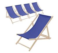 ECD Germany Lot de 5 Chaises Longues Pliantes en Bois Chiliennes, Bleu Foncé, Dossier Réglable, 3 Positions de Couchage, jusqu'à 120kg, Bain de Soleil en Tissu pour la Plage Jardin Terrasse Camping