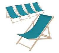 ECD Germany Lot de 5 Chaises Longues Pliantes en Bois Chiliennes, Bleu Pétrole, Dossier Réglable, 3 Positions de Couchage, jusqu'à 120kg, Bain de Soleil en Tissu pour la Plage Jardin Terrasse Camping