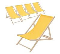 ECD Germany Lot de 5 Chaises Longues Pliantes en Bois Chiliennes, Jaune, Dossier Réglable, 3 Positions de Couchage, jusqu'à 120kg, Bain de Soleil en Tissu pour la Plage Jardin Terrasse Camping