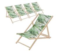 ECD Germany Lot de 5 Chaises Longues Pliantes en Bois Chiliennes, Motif Palmier, Vert-Blanc, Dossier Réglable, 3 Positions de Couchage, jusqu'à 120 kg, Bain de Soleil en Tissu, Plage ou Jardin