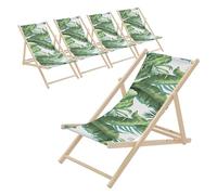 ECD Germany Lot de 5 Chaises Longues Pliantes en Bois Chiliennes, Motif Tropical, Vert-Blanc, Dossier Réglable, 3 Positions de Couchage, jusqu'à 120 kg, Bain de Soleil en Tissu, Plage ou Jardin